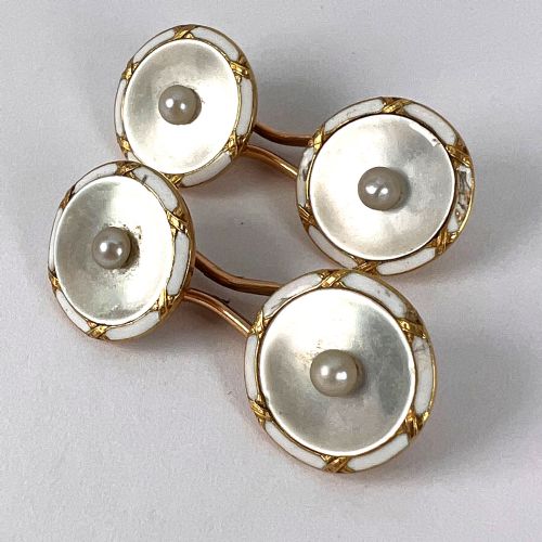 FRENCH 18K YELLOW GOLD PEARL MOTHER OF PEARL AND ENAMEL CUFFLINKS - ADDITIONAL PHOTO 19