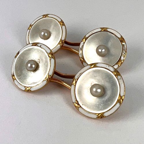 FRENCH 18K YELLOW GOLD PEARL MOTHER OF PEARL AND ENAMEL CUFFLINKS - ADDITIONAL PHOTO 20