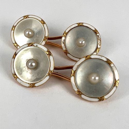 FRENCH 18K YELLOW GOLD PEARL MOTHER OF PEARL AND ENAMEL CUFFLINKS - ADDITIONAL PHOTO 21