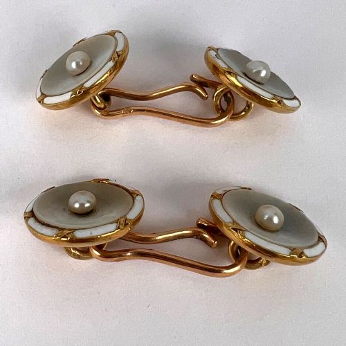 FRENCH 18K YELLOW GOLD PEARL MOTHER OF PEARL AND ENAMEL CUFFLINKS - ADDITIONAL PHOTO 22