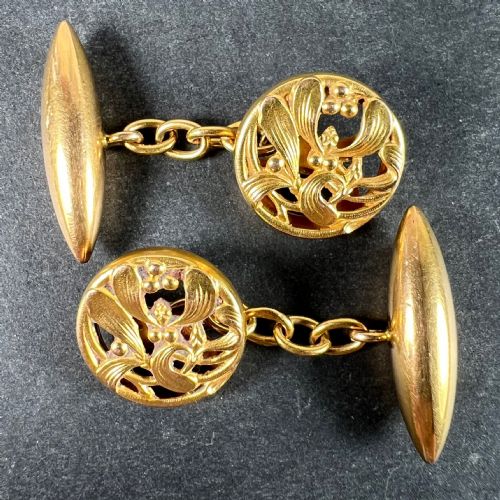 ART NOUVEAU FRENCH MISTLETOE LEAVES 18K YELLOW GOLD CUFFLINKS - ADDITIONAL PHOTO 1