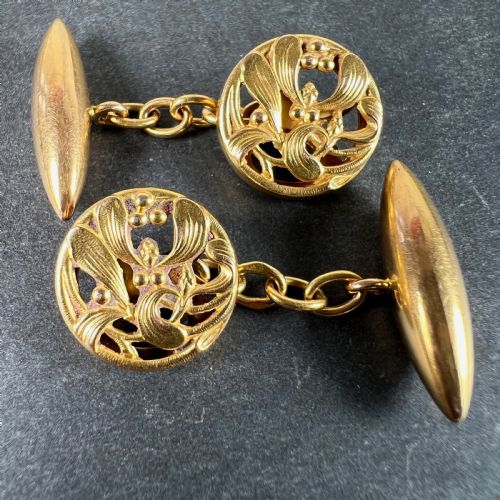 ART NOUVEAU FRENCH MISTLETOE LEAVES 18K YELLOW GOLD CUFFLINKS - ADDITIONAL PHOTO 2