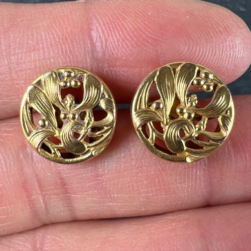 ART NOUVEAU FRENCH MISTLETOE LEAVES 18K YELLOW GOLD CUFFLINKS - ADDITIONAL PHOTO 4