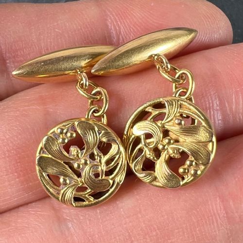 ART NOUVEAU FRENCH MISTLETOE LEAVES 18K YELLOW GOLD CUFFLINKS - ADDITIONAL PHOTO 6