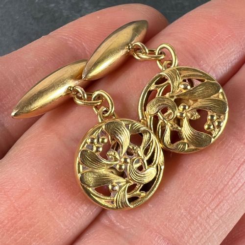 ART NOUVEAU FRENCH MISTLETOE LEAVES 18K YELLOW GOLD CUFFLINKS - ADDITIONAL PHOTO 7