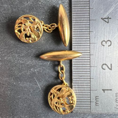ART NOUVEAU FRENCH MISTLETOE LEAVES 18K YELLOW GOLD CUFFLINKS - ADDITIONAL PHOTO 9