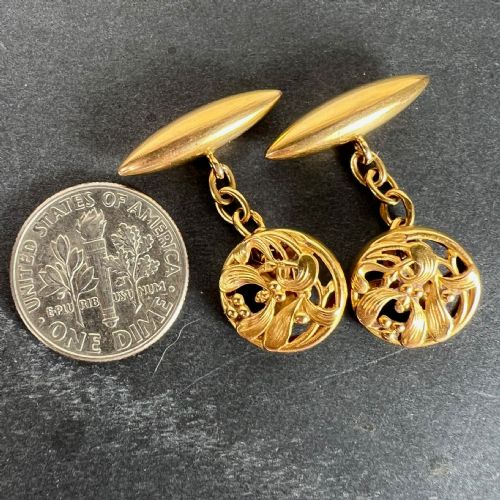 ART NOUVEAU FRENCH MISTLETOE LEAVES 18K YELLOW GOLD CUFFLINKS - ADDITIONAL PHOTO 10