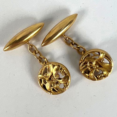 ART NOUVEAU FRENCH MISTLETOE LEAVES 18K YELLOW GOLD CUFFLINKS - ADDITIONAL PHOTO 11