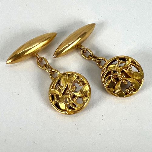 ART NOUVEAU FRENCH MISTLETOE LEAVES 18K YELLOW GOLD CUFFLINKS - ADDITIONAL PHOTO 12