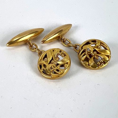 ART NOUVEAU FRENCH MISTLETOE LEAVES 18K YELLOW GOLD CUFFLINKS - ADDITIONAL PHOTO 13