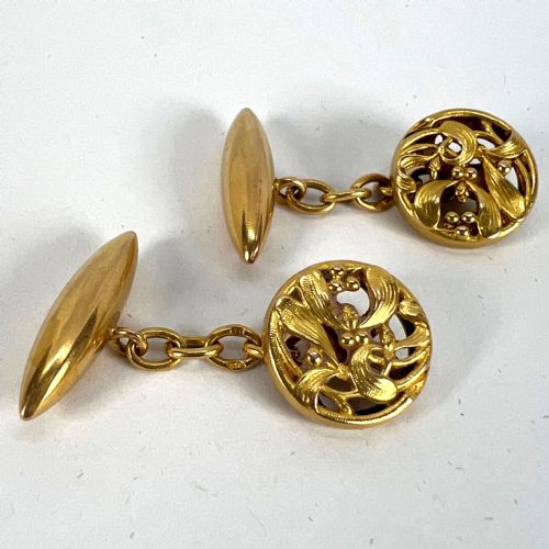 ART NOUVEAU FRENCH MISTLETOE LEAVES 18K YELLOW GOLD CUFFLINKS - ADDITIONAL PHOTO 14