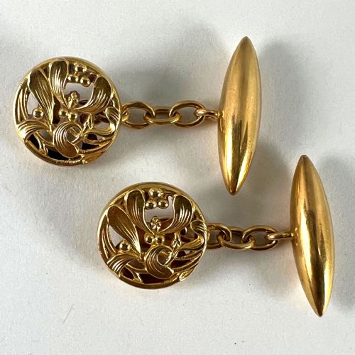 ART NOUVEAU FRENCH MISTLETOE LEAVES 18K YELLOW GOLD CUFFLINKS - ADDITIONAL PHOTO 15