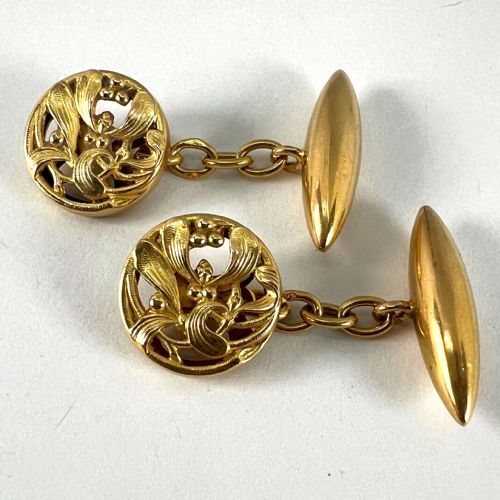 ART NOUVEAU FRENCH MISTLETOE LEAVES 18K YELLOW GOLD CUFFLINKS - ADDITIONAL PHOTO 16
