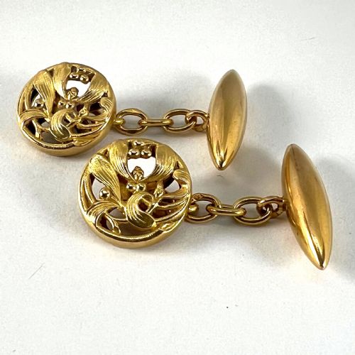 ART NOUVEAU FRENCH MISTLETOE LEAVES 18K YELLOW GOLD CUFFLINKS - ADDITIONAL PHOTO 17