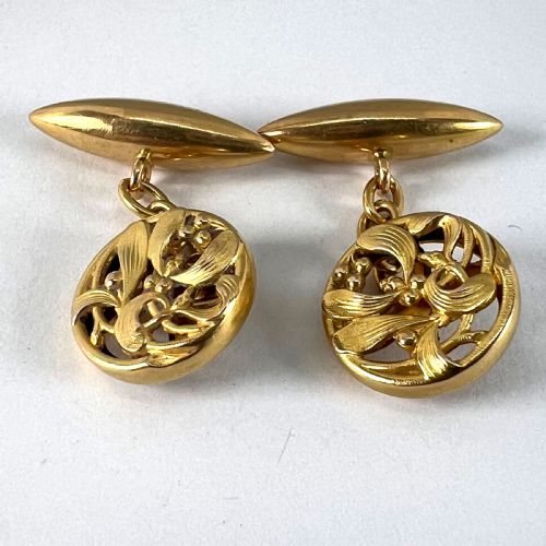ART NOUVEAU FRENCH MISTLETOE LEAVES 18K YELLOW GOLD CUFFLINKS - ADDITIONAL PHOTO 18