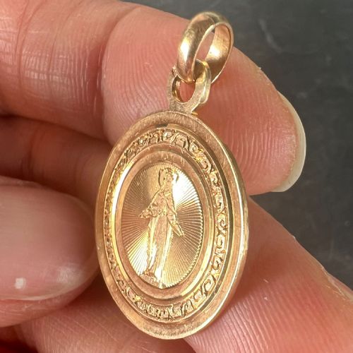 ANTIQUE FRENCH ENGRAVED VIRGIN MARY 18K ROSE GOLD RELIGIOUS MEDAL PENDANT - ADDITIONAL PHOTO 5