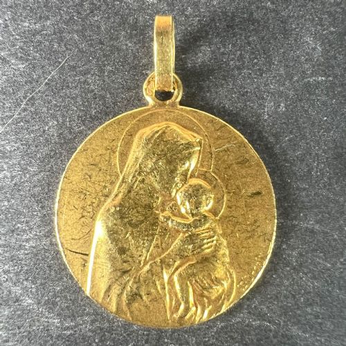FRENCH DROPSY MADONNA AND CHILD 18K YELLOW GOLD RELIGIOUS MEDAL PENDANT - ADDITIONAL PHOTO 1