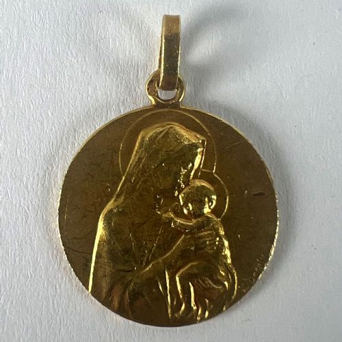 FRENCH DROPSY MADONNA AND CHILD 18K YELLOW GOLD RELIGIOUS MEDAL PENDANT - ADDITIONAL PHOTO 12