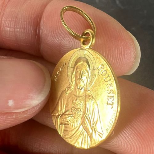 FRENCH MAZZONI SACRED HEART MADONNA AND CHILD 18K YELLOW GOLD MEDAL PENDANT - ADDITIONAL PHOTO 6