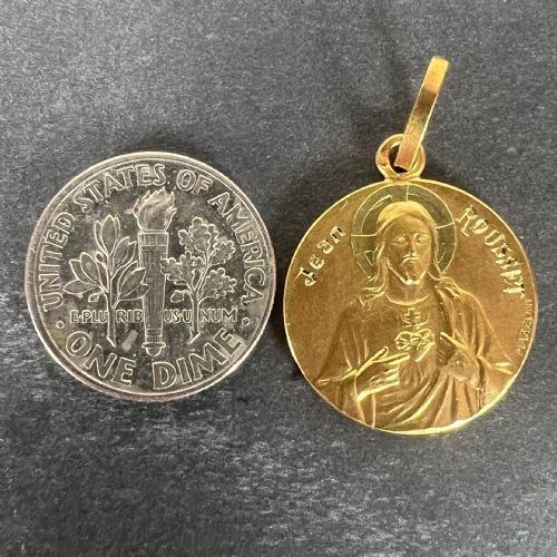 FRENCH MAZZONI SACRED HEART MADONNA AND CHILD 18K YELLOW GOLD MEDAL PENDANT - ADDITIONAL PHOTO 11