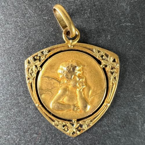 VINTAGE FRENCH RAPHAELS CHERUB FORGET ME NOT 18K YELLOW GOLD CHARM PENDANT - ADDITIONAL PHOTO 1
