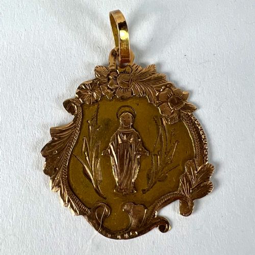 ANTIQUE FRENCH VIRGIN MARY FLORAL 18K YELLOW ROSE GOLD RELIGIOUS PENDANT MEDAL - ADDITIONAL PHOTO 11