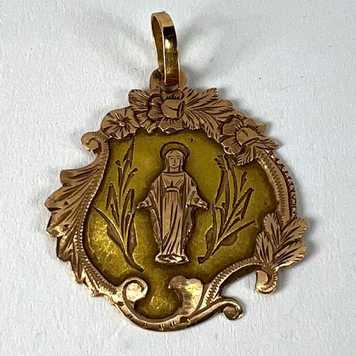 ANTIQUE FRENCH VIRGIN MARY FLORAL 18K YELLOW ROSE GOLD RELIGIOUS PENDANT MEDAL - ADDITIONAL PHOTO 12