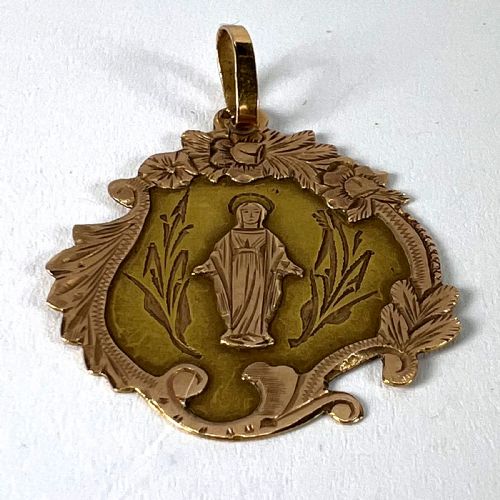 ANTIQUE FRENCH VIRGIN MARY FLORAL 18K YELLOW ROSE GOLD RELIGIOUS PENDANT MEDAL - ADDITIONAL PHOTO 13
