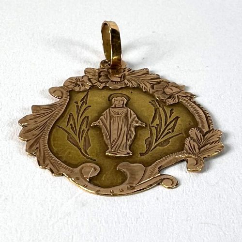 ANTIQUE FRENCH VIRGIN MARY FLORAL 18K YELLOW ROSE GOLD RELIGIOUS PENDANT MEDAL - ADDITIONAL PHOTO 14