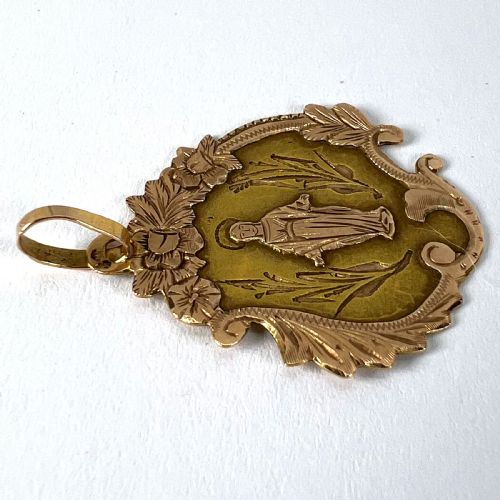 ANTIQUE FRENCH VIRGIN MARY FLORAL 18K YELLOW ROSE GOLD RELIGIOUS PENDANT MEDAL - ADDITIONAL PHOTO 15