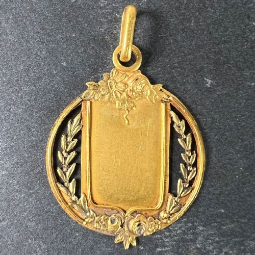 ANTIQUE FRENCH SHIELD FLOWERS ROSES LEAVES WREATH 18K YELLOW GOLD MEDAL PENDANT - ADDITIONAL PHOTO 1