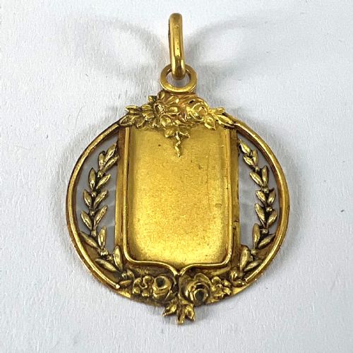 ANTIQUE FRENCH SHIELD FLOWERS ROSES LEAVES WREATH 18K YELLOW GOLD MEDAL PENDANT - ADDITIONAL PHOTO 12