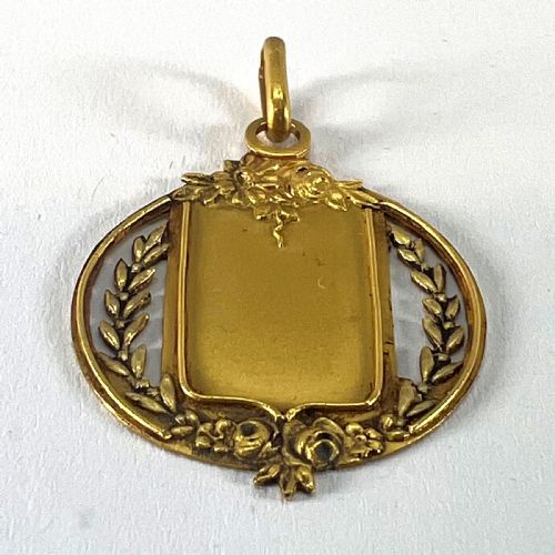 ANTIQUE FRENCH SHIELD FLOWERS ROSES LEAVES WREATH 18K YELLOW GOLD MEDAL PENDANT - ADDITIONAL PHOTO 13