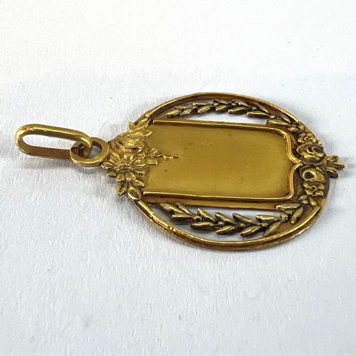 ANTIQUE FRENCH SHIELD FLOWERS ROSES LEAVES WREATH 18K YELLOW GOLD MEDAL PENDANT - ADDITIONAL PHOTO 14