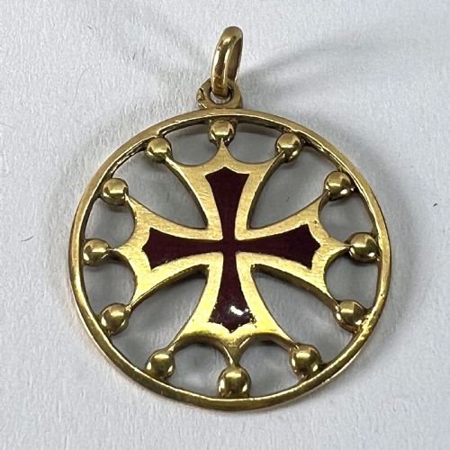 VINTAGE FRENCH 18K YELLOW GOLD RED ENAMEL MALTESE CROSS MEDAL CHARM PENDANT - ADDITIONAL PHOTO 12