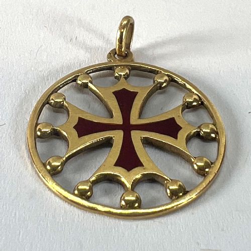 VINTAGE FRENCH 18K YELLOW GOLD RED ENAMEL MALTESE CROSS MEDAL CHARM PENDANT - ADDITIONAL PHOTO 13