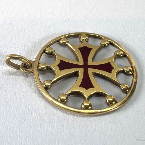 VINTAGE FRENCH 18K YELLOW GOLD RED ENAMEL MALTESE CROSS MEDAL CHARM PENDANT - ADDITIONAL PHOTO 14