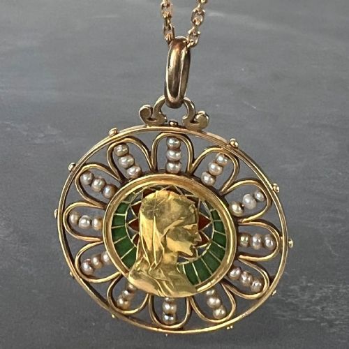ANTIQUE FRENCH VIRGIN MARY 18K YELLOW GOLD PLIQUEAJOUR ENAMEL PEARL PENDANT MEDAL - ADDITIONAL PHOTO 4