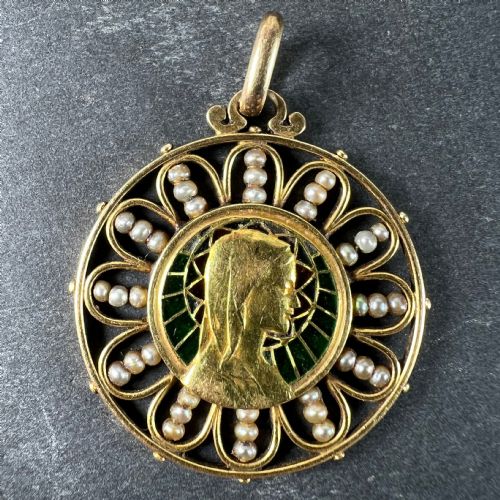 ANTIQUE FRENCH VIRGIN MARY 18K YELLOW GOLD PLIQUEAJOUR ENAMEL PEARL PENDANT MEDAL - ADDITIONAL PHOTO 6