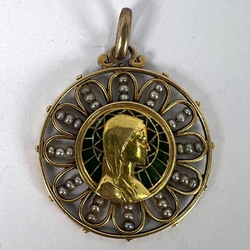 ANTIQUE FRENCH VIRGIN MARY 18K YELLOW GOLD PLIQUEAJOUR ENAMEL PEARL PENDANT MEDAL - ADDITIONAL PHOTO 15