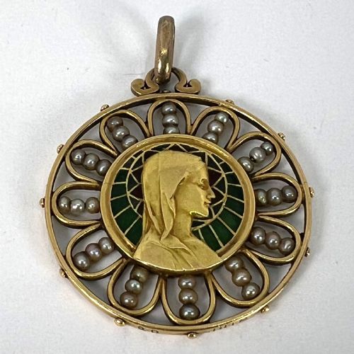 ANTIQUE FRENCH VIRGIN MARY 18K YELLOW GOLD PLIQUEAJOUR ENAMEL PEARL PENDANT MEDAL - ADDITIONAL PHOTO 16