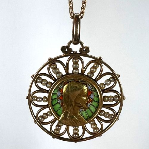 ANTIQUE FRENCH VIRGIN MARY 18K YELLOW GOLD PLIQUEAJOUR ENAMEL PEARL PENDANT MEDAL - ADDITIONAL PHOTO 19