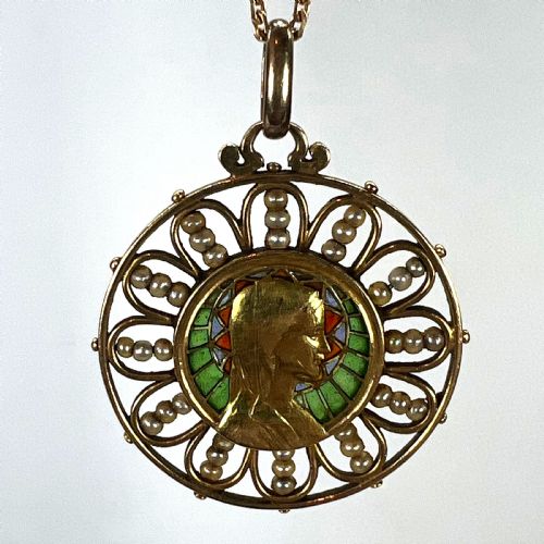 ANTIQUE FRENCH VIRGIN MARY 18K YELLOW GOLD PLIQUEAJOUR ENAMEL PEARL PENDANT MEDAL - ADDITIONAL PHOTO 20