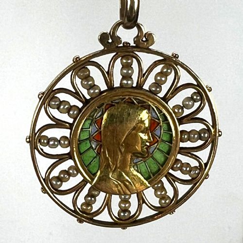 ANTIQUE FRENCH VIRGIN MARY 18K YELLOW GOLD PLIQUEAJOUR ENAMEL PEARL PENDANT MEDAL - ADDITIONAL PHOTO 22