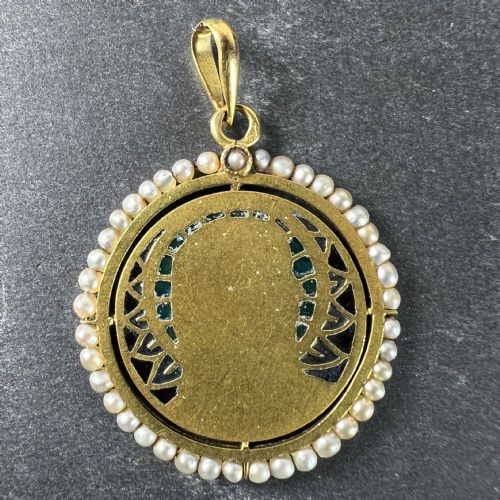 ANTIQUE FRENCH VIRGIN MARY 18K YELLOW GOLD PLIQUEAJOUR ENAMEL PEARL PENDANT MEDAL - ADDITIONAL PHOTO 5