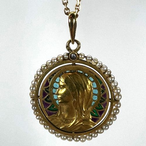 ANTIQUE FRENCH VIRGIN MARY 18K YELLOW GOLD PLIQUEAJOUR ENAMEL PEARL PENDANT MEDAL - ADDITIONAL PHOTO 7
