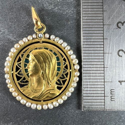 ANTIQUE FRENCH VIRGIN MARY 18K YELLOW GOLD PLIQUEAJOUR ENAMEL PEARL PENDANT MEDAL - ADDITIONAL PHOTO 13