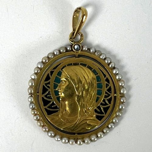 ANTIQUE FRENCH VIRGIN MARY 18K YELLOW GOLD PLIQUEAJOUR ENAMEL PEARL PENDANT MEDAL - ADDITIONAL PHOTO 15