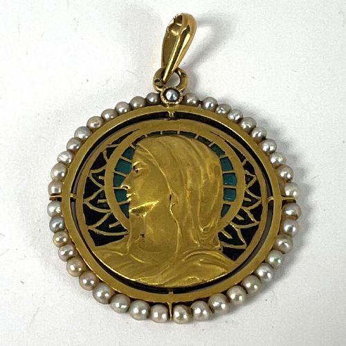 ANTIQUE FRENCH VIRGIN MARY 18K YELLOW GOLD PLIQUEAJOUR ENAMEL PEARL PENDANT MEDAL - ADDITIONAL PHOTO 16