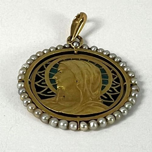 ANTIQUE FRENCH VIRGIN MARY 18K YELLOW GOLD PLIQUEAJOUR ENAMEL PEARL PENDANT MEDAL - ADDITIONAL PHOTO 17